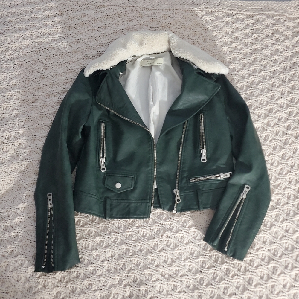 Green Shearling Aviator Collar Versatile Moto Jacket